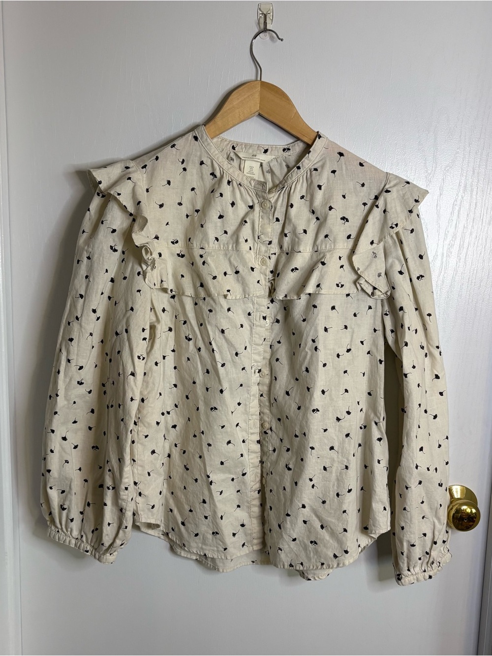 H&M Linen Blend Ruffle Yoke Top Size S  Long Sleeve Prairie Cottagecore AOP Boho